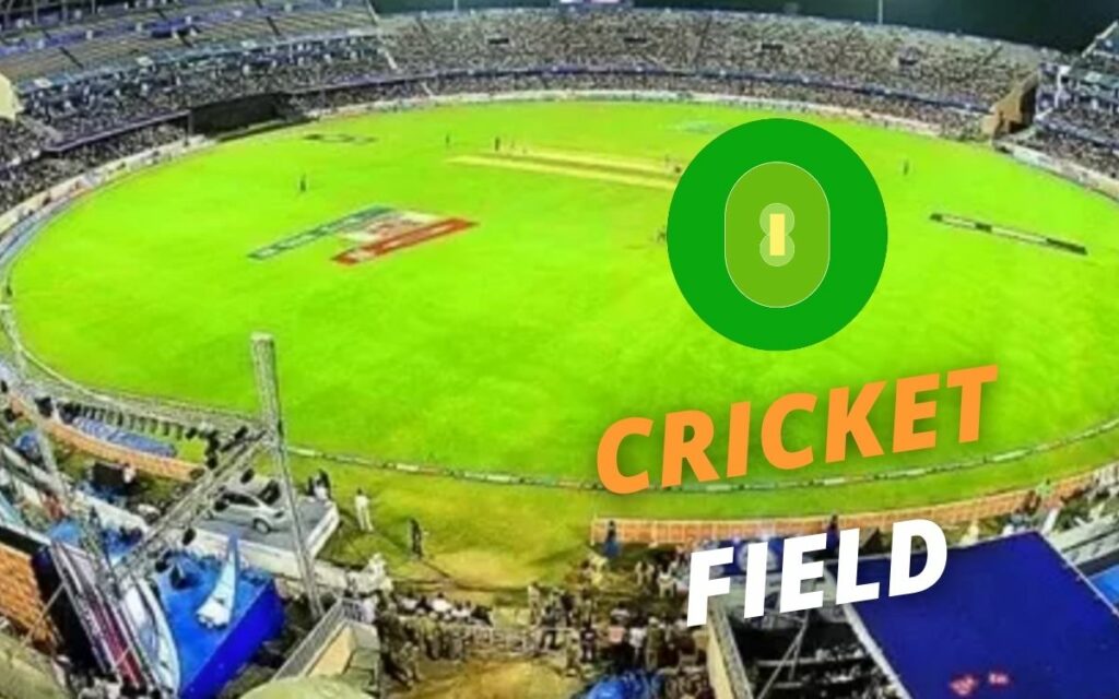 The cricket playing field is the oval-shaped ground of grass